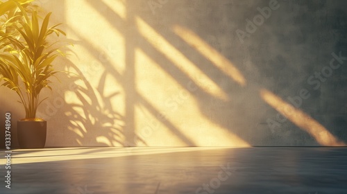 Obraz na płótnie Sunlight Casting Shadows on Wall with Potted Plant in Modern Space w salonie