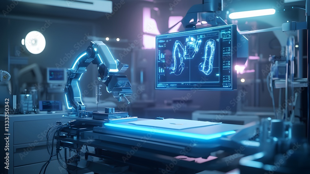 Fototapeta premium Futuristic Operating Room with Robotic Arm and Glowing Blue Accents
