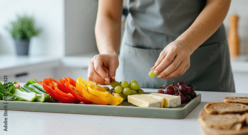 Female preparing fresh vegetable and fruit platter in modern kitchen Female preparing fresh vegetable and fruit platter in modern kitchen