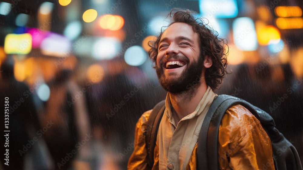 A happy man with a full beard and curly, slightly wet hair, laughing, wearing a light brown, slightly damp, layered shirt, and a backpack A happy man with a full beard and curly, slightly wet hair, laughing, wearing a light brown, slightly damp, layered shirt, and a backpack