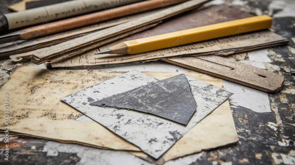 Textured Scrap Paper and Stationery Tools on a Rustic Surface