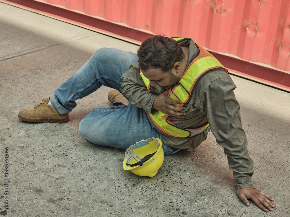 A construction worker has fallen and sustained an injury , Engineer or worker suffering from chest pain, heart attack on cement wall background. Health care problem and concept.