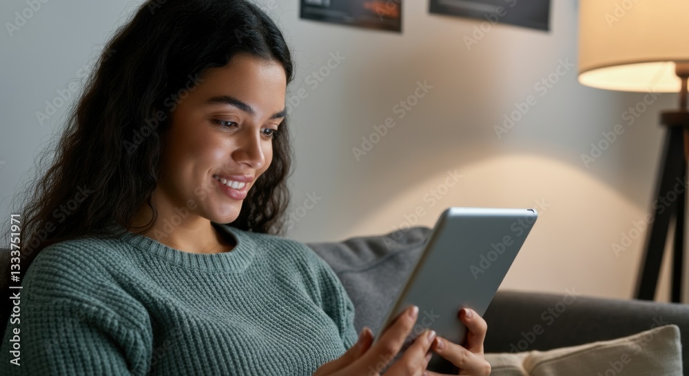 Hispanic female adult smiling while using tablet at home Hispanic female adult smiling while using tablet at home