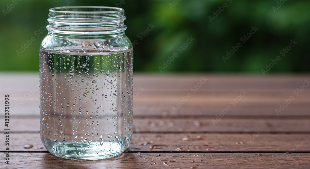 Clear Mason Jar with Fresh Water and Condensation on Wooden Surface
Clear Mason Jar with Fresh Water and Condensation on Wooden Surface