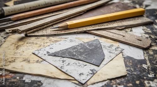Obraz na płótnie Textured Scrap Paper and Stationery Tools on a Rustic Surface w salonie