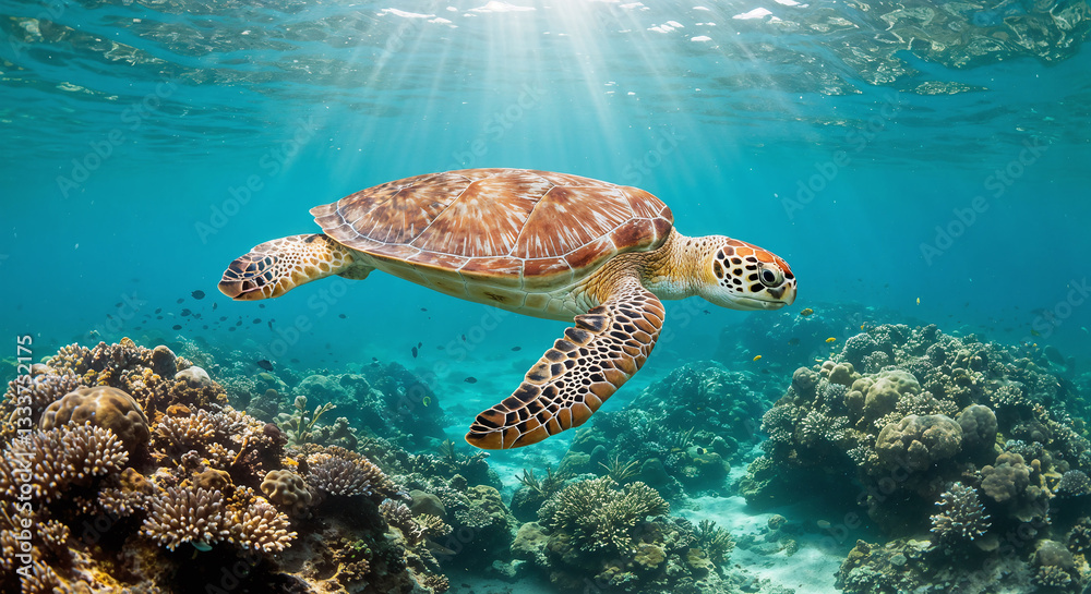 Obraz premium Graceful Sea Turtle Swimming Through Vibrant Coral Reef