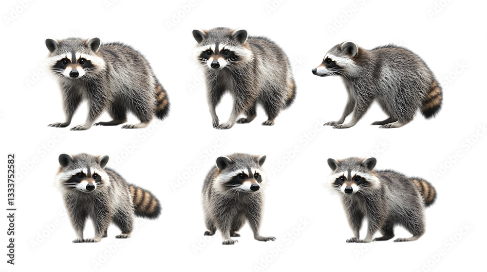 Fototapeta premium Collection of six curious raccoons standing in various poses isolated on a clean transparent background for marketing use.