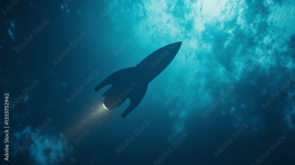 Fototapeta premium Dynamic Rocket Silhouette on Gradient Blue Background with Soft Ambient Glow – Stylized Space Exploration Art, Futuristic Digital Illustration, Celestial Theme