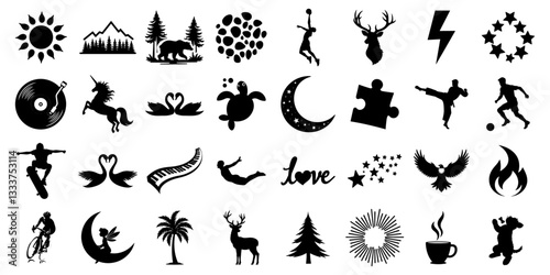 Minimalist black silhouette designs collection featuring nature, animals, sports, music, and celestial symbols for design, tattoo, and logo creation
