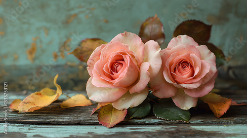 Two Pink Roses on Wooden Table