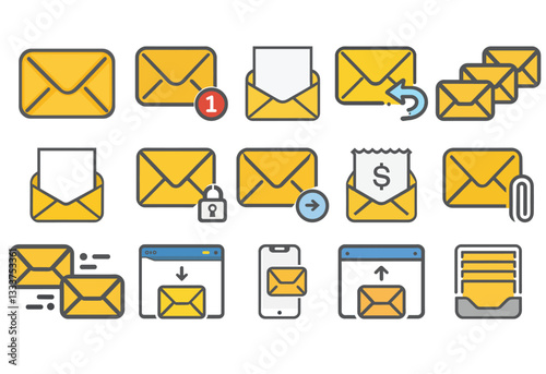 A collection of yellow envelopes with various designs and features