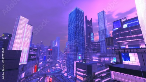 Wallpaper Mural A sprawling cyberpunk-inspired urban landscape under a deep twilight sky, where skyscrapers with sleek metallic exteriors shimmer under neon blue and purple lights. The streets below are lined  Torontodigital.ca
