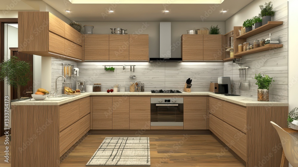 Fototapeta premium Modern Kitchen Design with Wooden Cabinets and Stylish Accessories