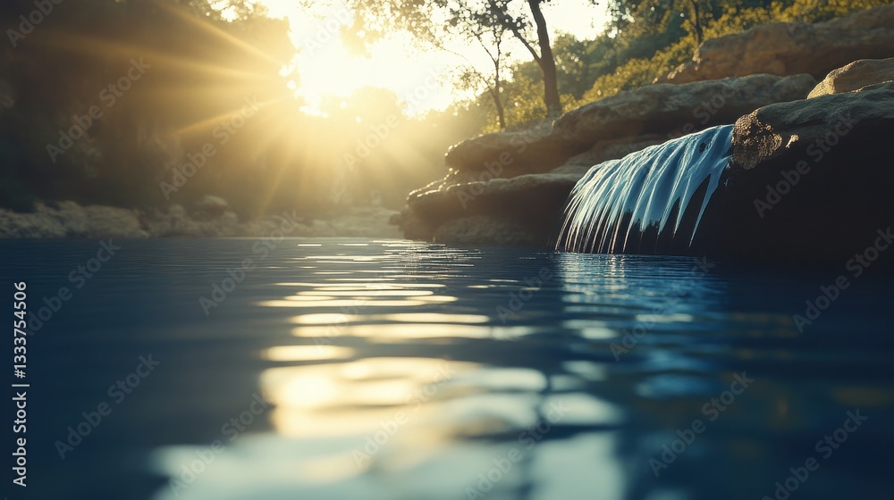 Tranquil Stream with Gentle Waterfall at Sunset in Natural Setting