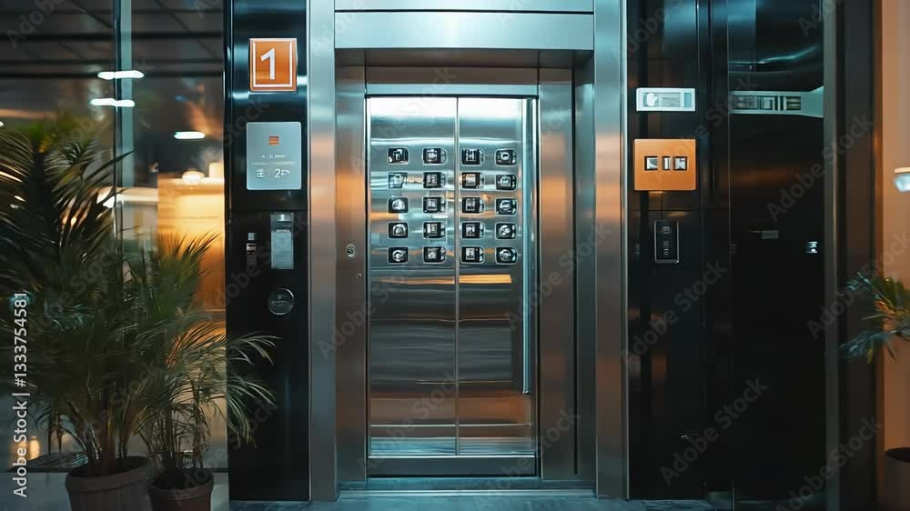 A sleek elevator stands ready in a contemporary lobby, surrounded by lush plants and elegant decor, providing an inviting atmosphere in the evening glow. A sleek elevator stands ready in a contemporary lobby, surrounded by lush plants and elegant decor, providing an inviting atmosphere in the evening glow.