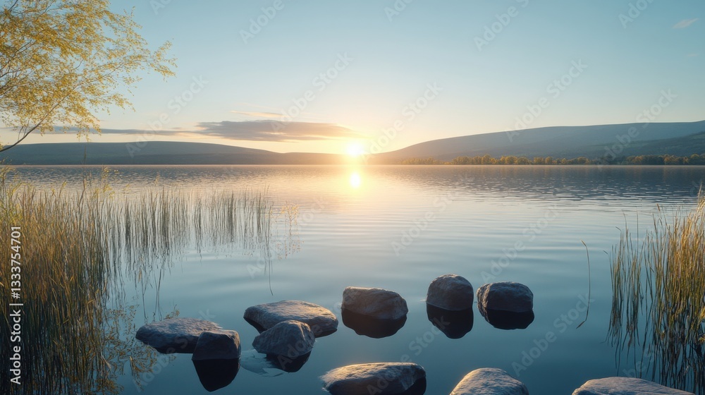 Tranquil Sunrise Over Calm Lake Surrounded by Lush Vegetation