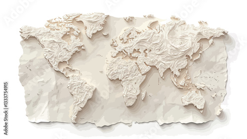 High-angle, close-up view of a three-dimensional, embossed world map crafted from a textured, off-white material resembling paper or clay. The map is irregularly shaped with ragged edges,