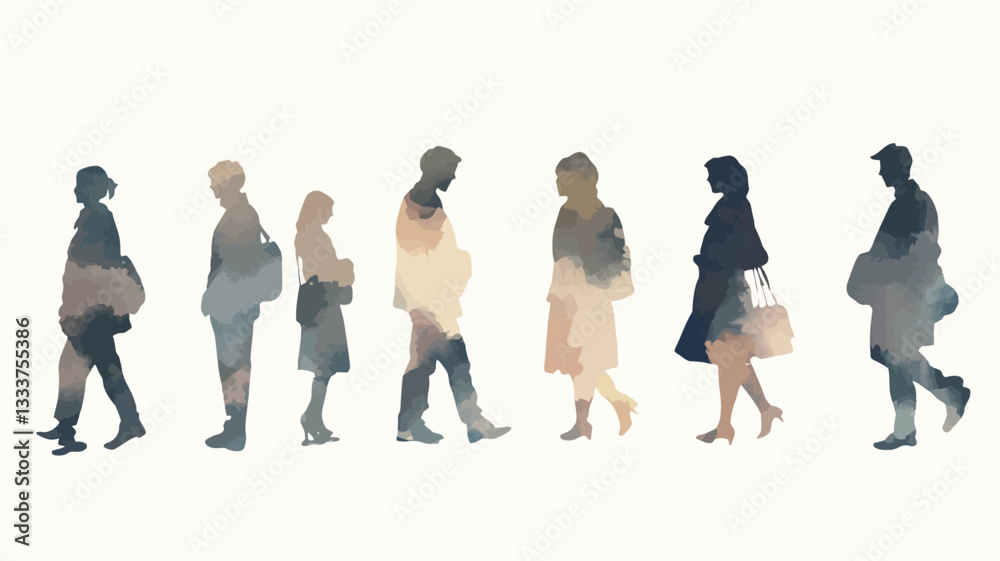 Obraz premium The image depicts a series of eight stylized human silhouettes walking in a line against a white background. The figures are rendered in a watercolor style, with soft, muted color gradients in