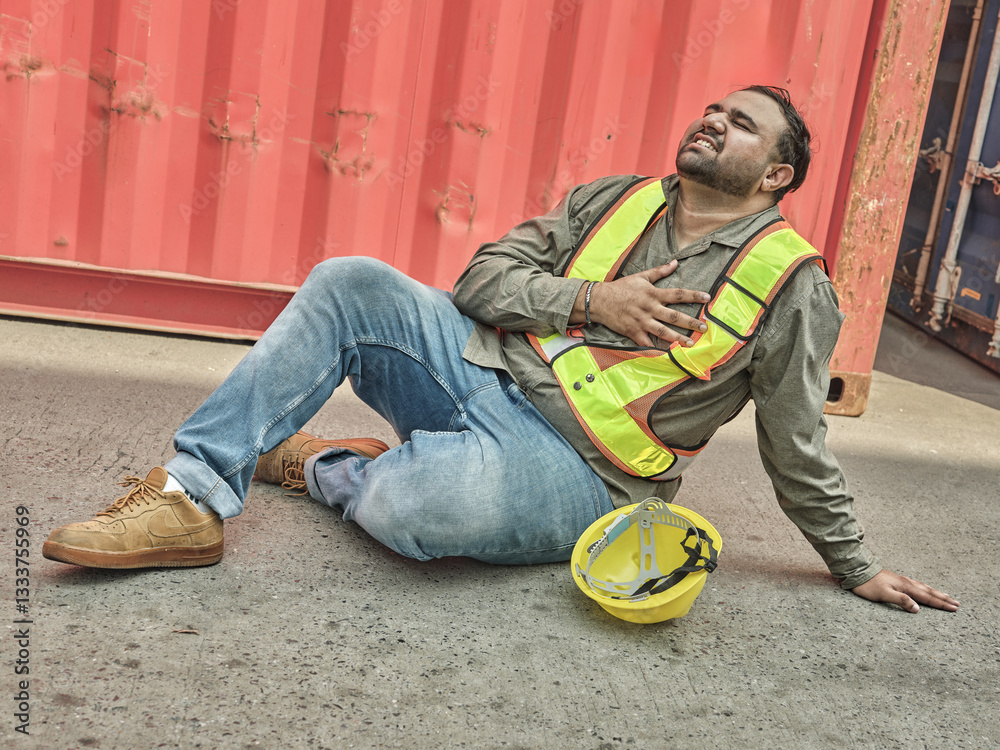Elderly male worker suffers heart attack at container shipping site; safety team and engineers provide first aid by performing CPR and call for medical professionals from hospital