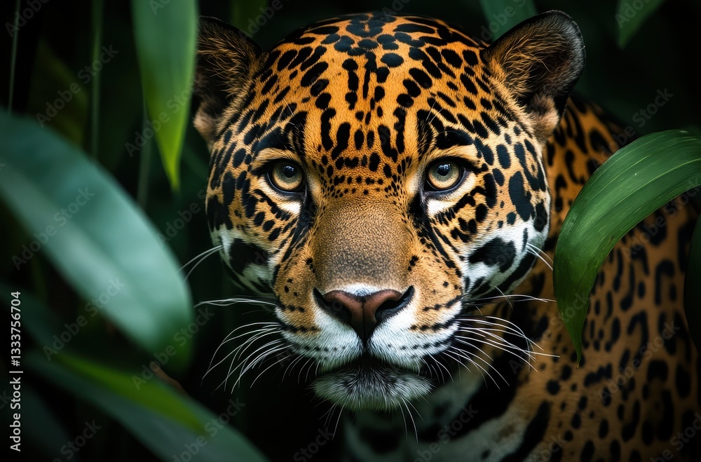 Obraz premium Intense Portrait of a Jaguar Hidden Among Lush Green Foliage in a Dense Tropical Forest Environment Emphasizing Natural Beauty and Wildness