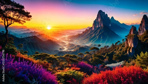 Majestic landscape featuring a dramatic mountain range bathed in warm golden light from a setting sun. 