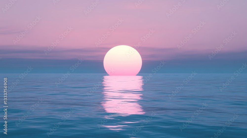 Serene Sunset over Calm Ocean Waters: A Peaceful Pink and Blue Panorama