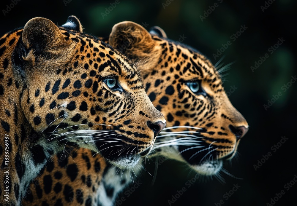 Intense Portraits of Two Majestic Leopards with Striking Yellow Coats and Stunning Blue Eyes, Showcasing Their Natural Elegance and Grace in Wildlife Environment Intense Portraits of Two Majestic Leopards with Striking Yellow Coats and Stunning Blue Eyes, Showcasing Their Natural Elegance and Grace in Wildlife Environment