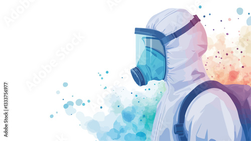 Digital illustration of a person wearing a white hazmat suit, respirator, and face shield, viewed from the side. The background features abstract watercolor splashes in various pastel colors.  The