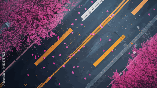 The image is an aerial, top-down perspective of a city street.  The street is dark gray asphalt with bright yellow lane markings running diagonally across the frame.  On either side of the street