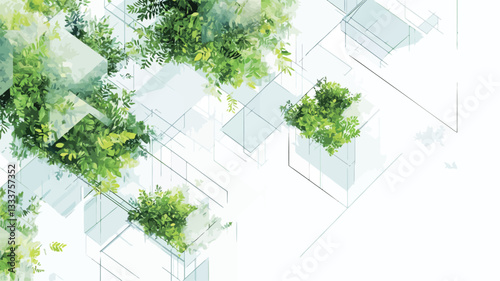 The image shows an abstract close-up of a vertical garden installation.  The composition features various shades of green foliage planted in seemingly geometric, transparent containers set against