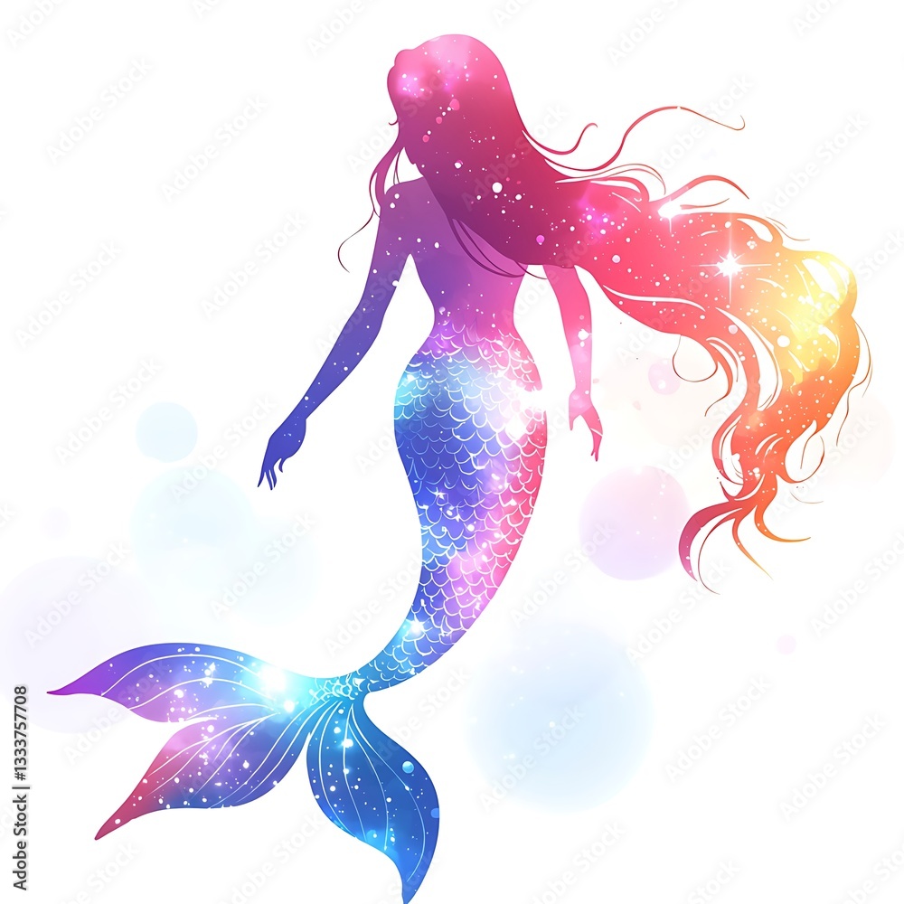 Obraz premium Mystical Mermaid Silhouette with Rainbow Scales and Flowing Hair. A vibrant illustration perfect for fantasy, fairytale, and magical themes.