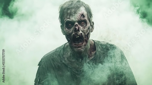 Cinematic horror movie scene with zombie transformation, filmed on green screen stage