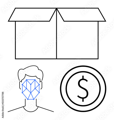 Open box alongside facial recognition grid and dollar sign. Ideal for e-commerce, artificial intelligence, security, identity, technology, financial systems, and innovation. Flat simple metaphor