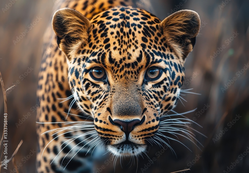 Obraz premium Intimate Portrait of a Leopard Close-Up with Striking Spots and Intense Gaze Amidst Natural Habitat in Golden Light