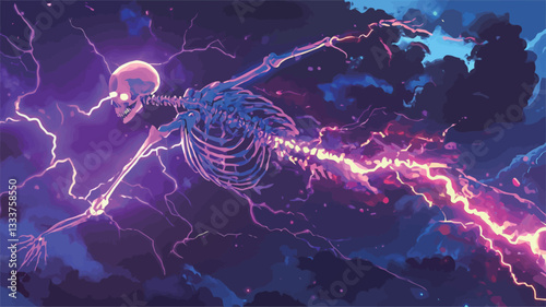 Digital illustration depicting a stylized skeleton enveloped in vibrant purple and pink lightning bolts against a dark, stormy night sky. The skeleton's bones are translucent, allowing the glowing