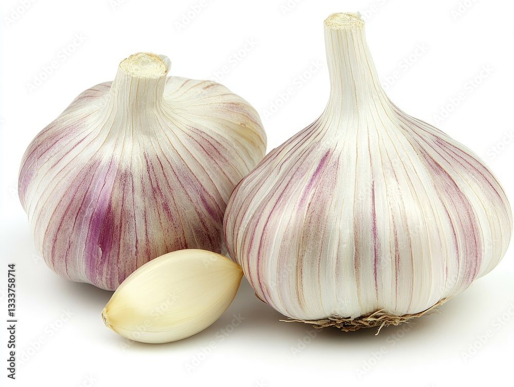 Obraz premium Fresh garlic bulbs and clove on white background (1)