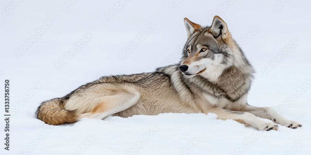 Fototapeta premium Lone Wolf in the Snow: A majestic wolf with striking fur, rests elegantly in a snowy, winter landscape, its gaze alert and captivating. The serene setting highlights the animal's raw, natural beauty.