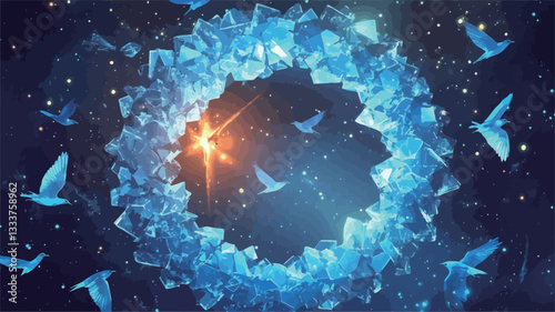 A digital illustration depicting a circular arrangement of numerous ice crystals, appearing translucent and multifaceted. The crystals form a ring against a dark blue background speckled with