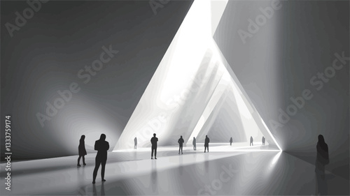 The image is a grayscale rendering of a modern architectural interior.  It depicts a spacious, minimalist hallway or corridor with a strong geometric design.  The walls converge towards a bright,
