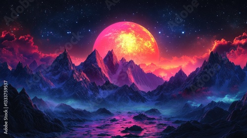 Pink moonrise over snow-capped mountains, fantasy landscape, artwork
