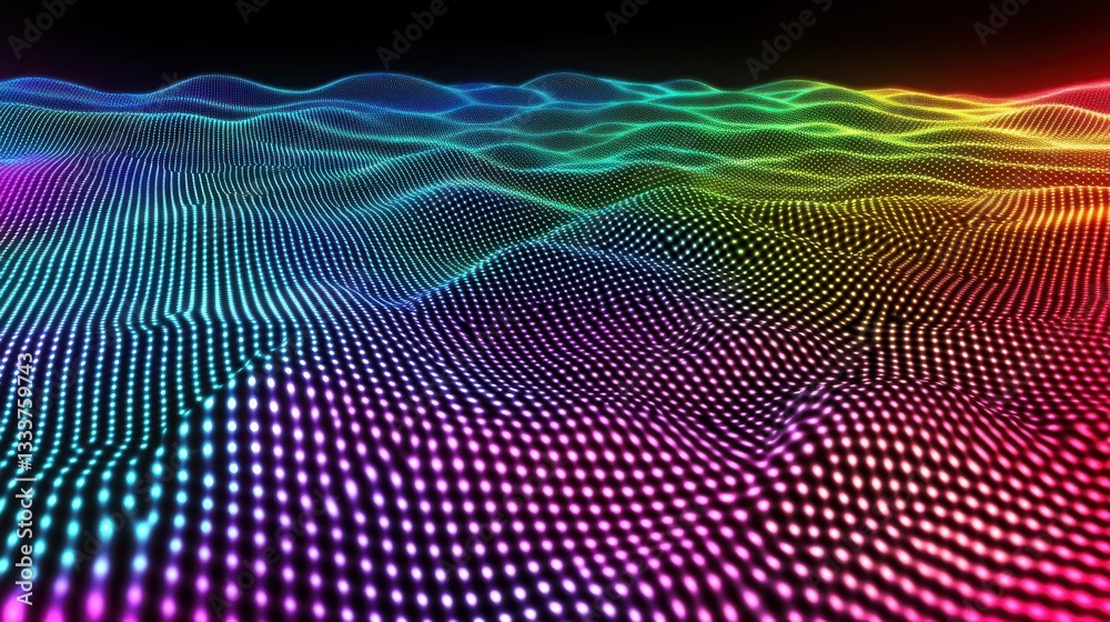 Vibrant Abstract Wave Pattern with Colorful Dots and Light Effects
