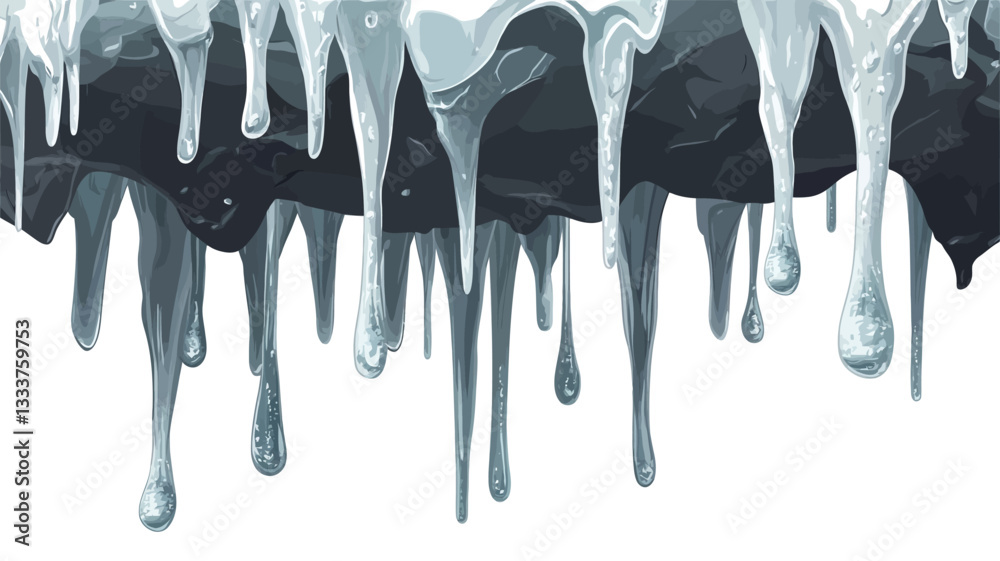 Fototapeta premium Close-up view of an abstract image depicting multiple streams of dripping paint. The paint appears to be in shades of grey, from light silver to dark charcoal, against a white background. The