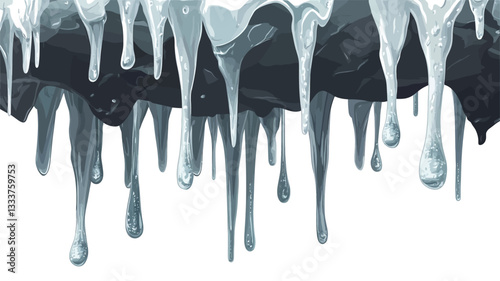 Close-up view of an abstract image depicting multiple streams of dripping paint. The paint appears to be in shades of grey, from light silver to dark charcoal, against a white background.  The