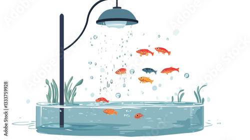 A digital illustration depicts a rectangular glass aquarium containing several small, colorful fish. The fish are swimming in a swirling motion, with bubbles rising from below.  The water appears