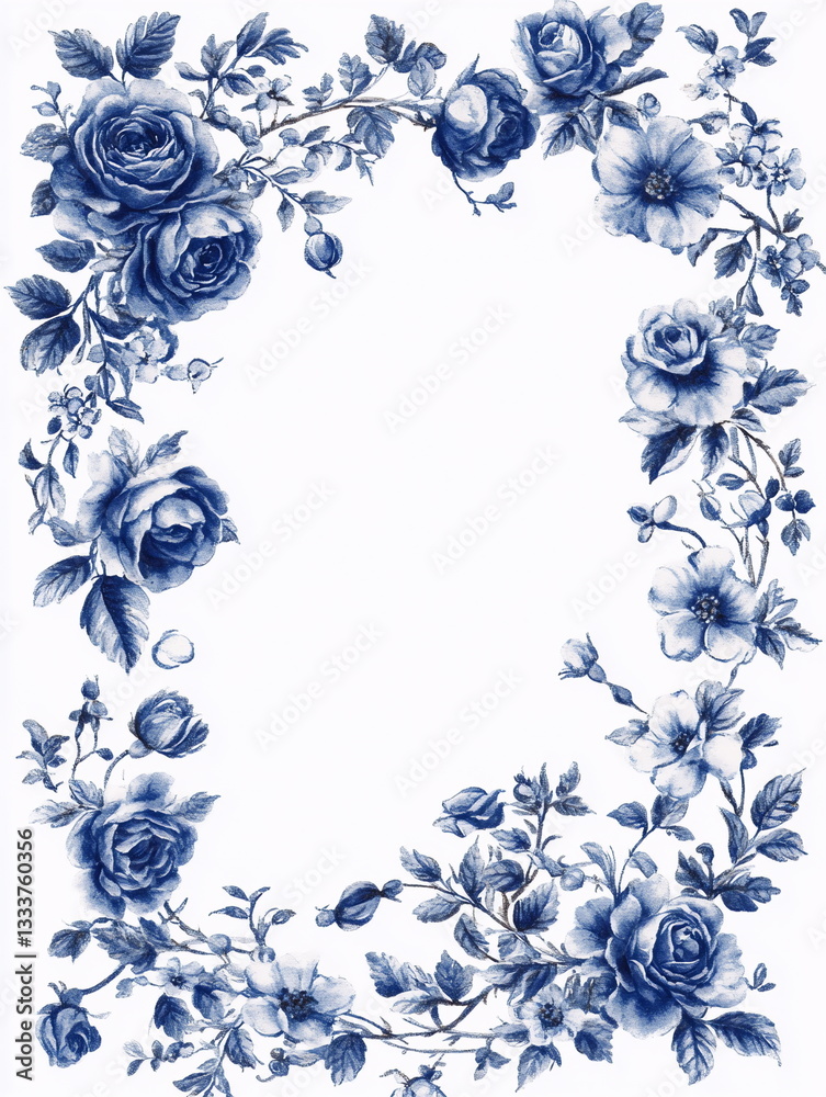 Floral design in blue and white featuring classic roses and blossoms in a decorative arrangement for art or crafts Floral design in blue and white featuring classic roses and blossoms in a decorative arrangement for art or crafts