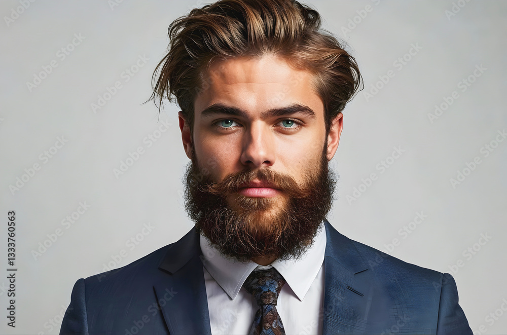 studio portrait of handsome cheerful young bearded gen z businessman, stylish fashion male model, entrepreneur, elegant ceo smiling