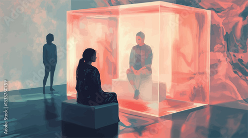 The image is a digital painting or illustration depicting three silhouetted figures in a dimly lit, surreal environment.  The central element is a transparent, cube-shaped structure with warm,