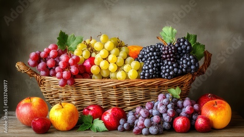 Vibrant Basket of Fresh Fruits with Assorted Grapes and Apples