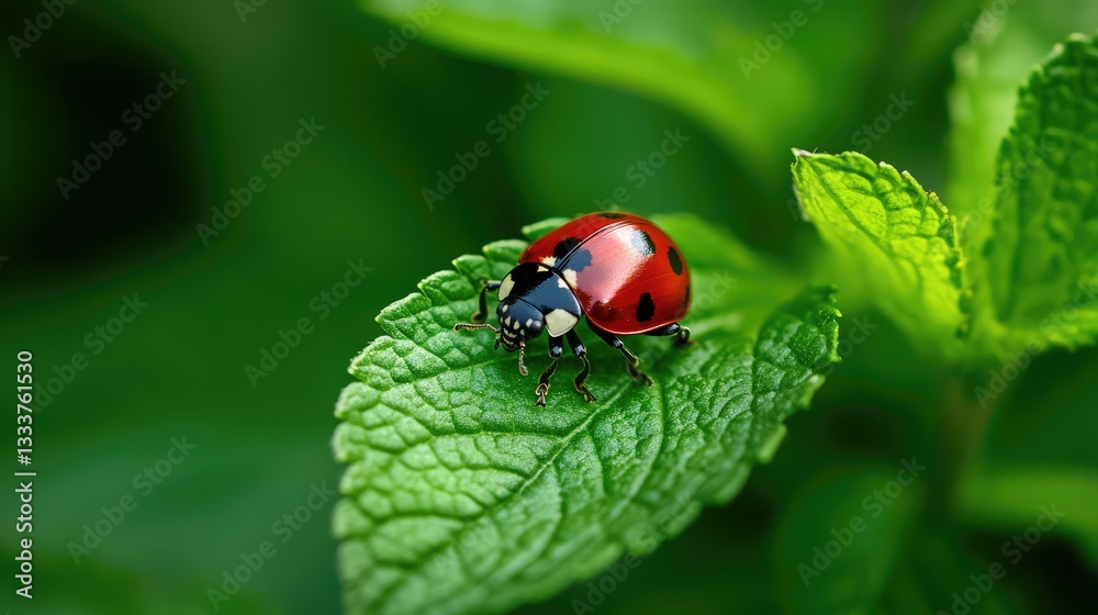 Bright Red Ladybug on Fresh Green Leaf in Natural Environment Bright Red Ladybug on Fresh Green Leaf in Natural Environment