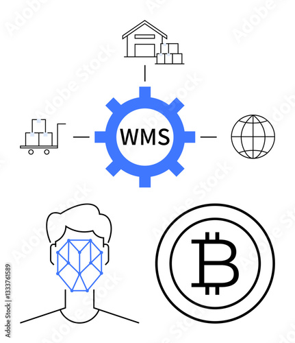 Central gear labeled WMS connected to warehouse, cart with boxes, globe, face recognition, cryptocurrency. Ideal for logistics, technology, AI, blockchain facial authentication e-commerce flat